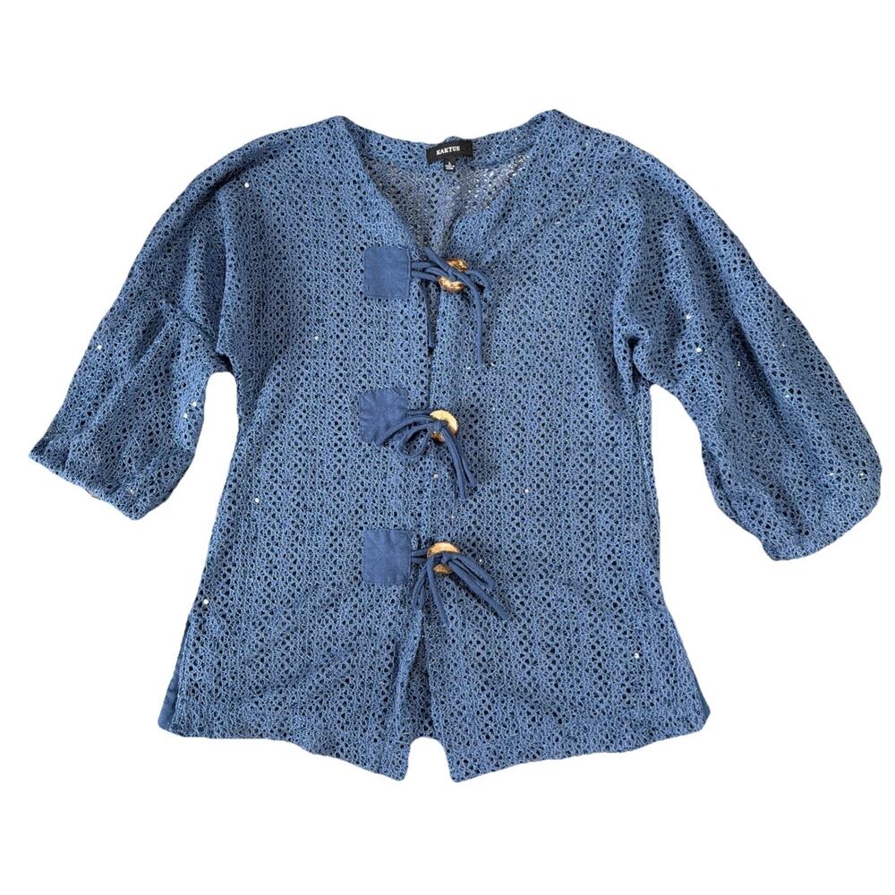 Y2K Kaktus Sz L Blue Crochet Toggle Cardigan Whimsigoth Boho Festival Fairy Knit